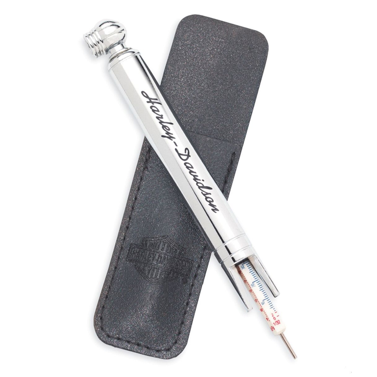 Tire Gauge and Tread Depth Indicator with Embossed Leather Pouch